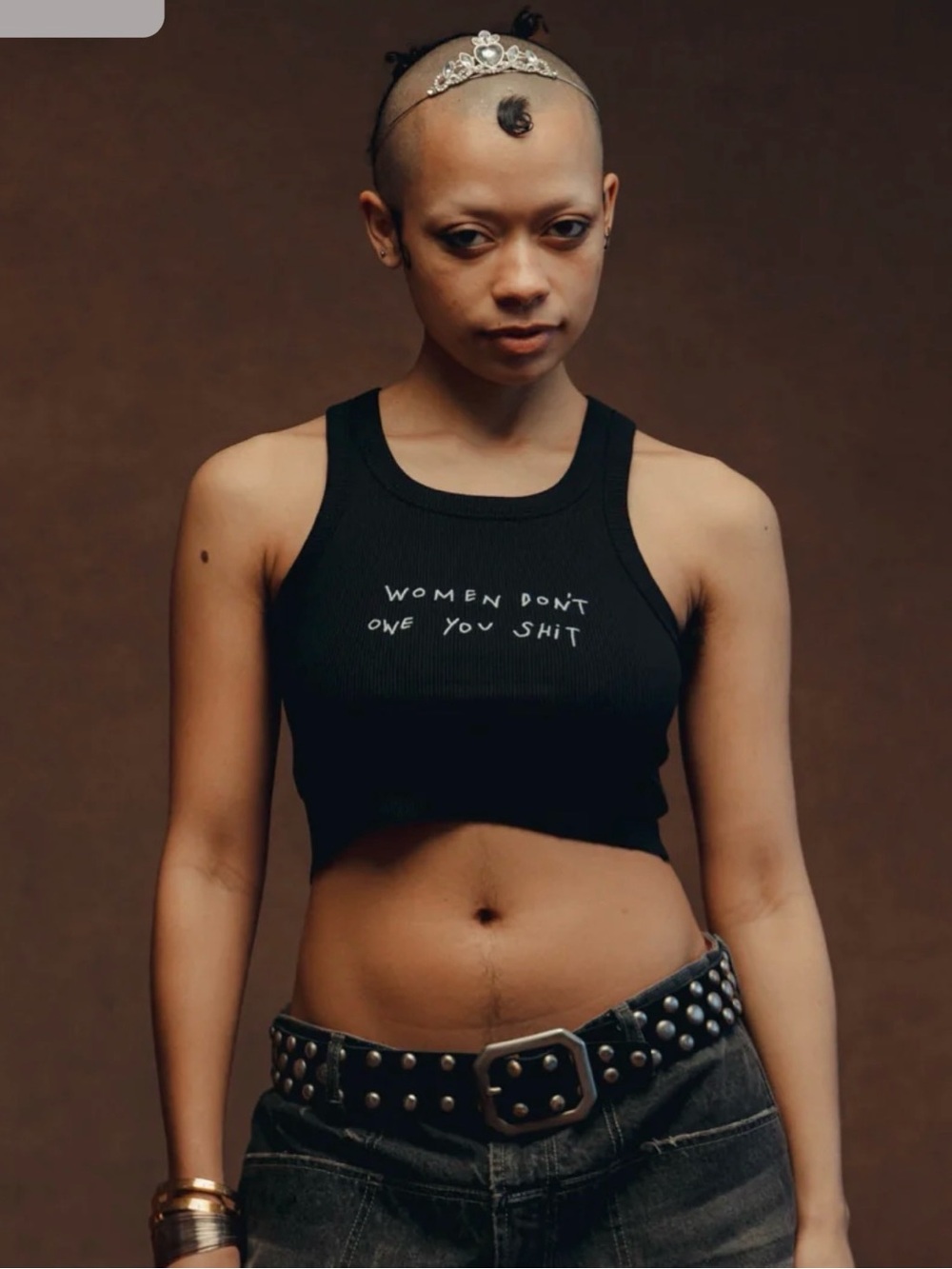 CHNGE Black Ribbed Crop Tank with 'Women Don't Owe You Shit' Print NWOT